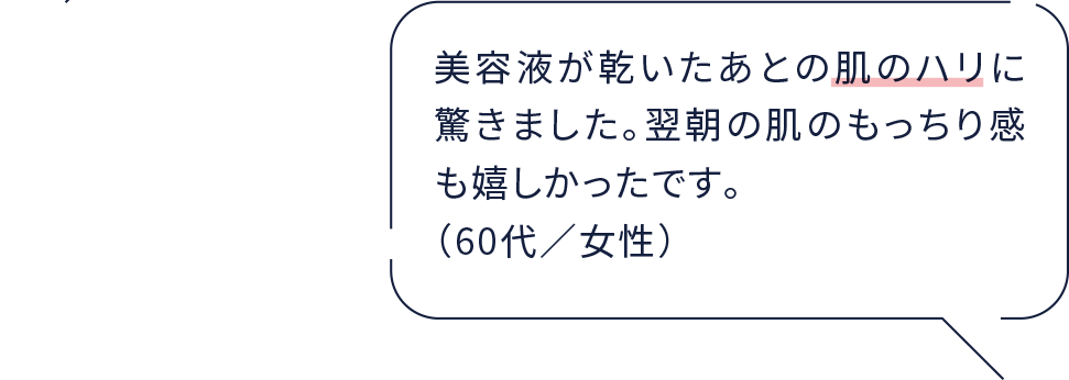 美容液が乾いたあとの肌のハリに驚きました。翌朝の肌のもっちり感も嬉しかったです。（60代／女性）